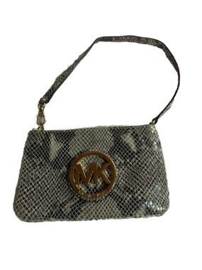 Michael Kors Snake-Embossed Gray Wristlet with Gold MK Emblem